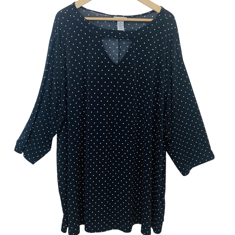 Catherines Black Polka Dot Blouse Top Woman 3X Pull Over Stretch Casual Office